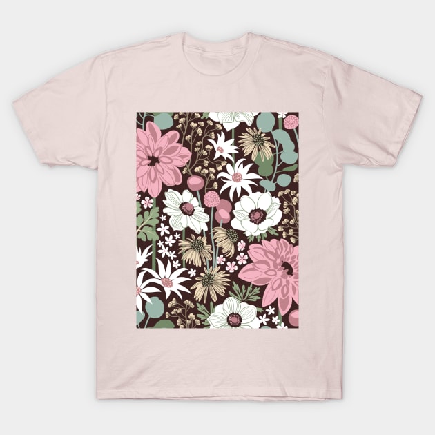 Boho garden // pattern // expresso brown background sage green cotton candy pink dry rose ivory and white flowers T-Shirt by SelmaCardoso